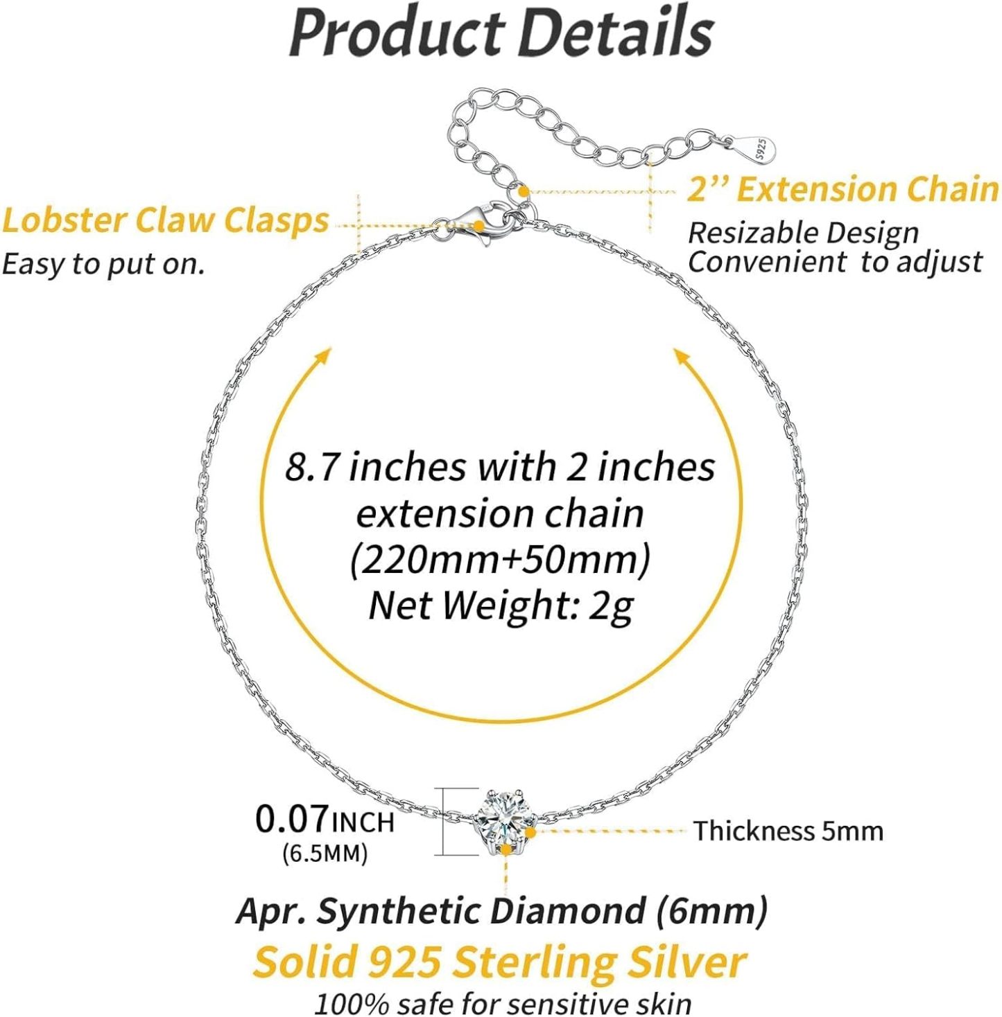 Simple Dainty Round Birthstone Ankle Details: Dimensions, Hypoallergenic, Lobster-Claw-Clasps