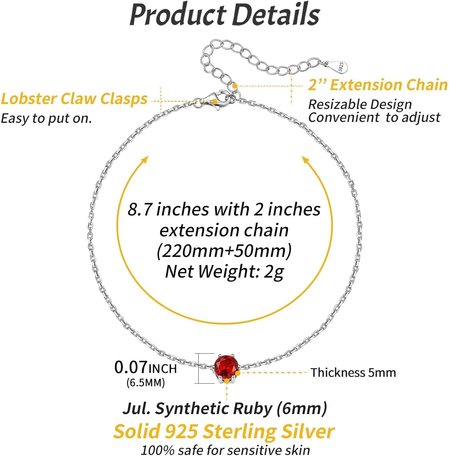 Simple Dainty Round Birthstone Ankle Details: Dimensions, Hypoallergenic, Lobster-Claw-Clasps