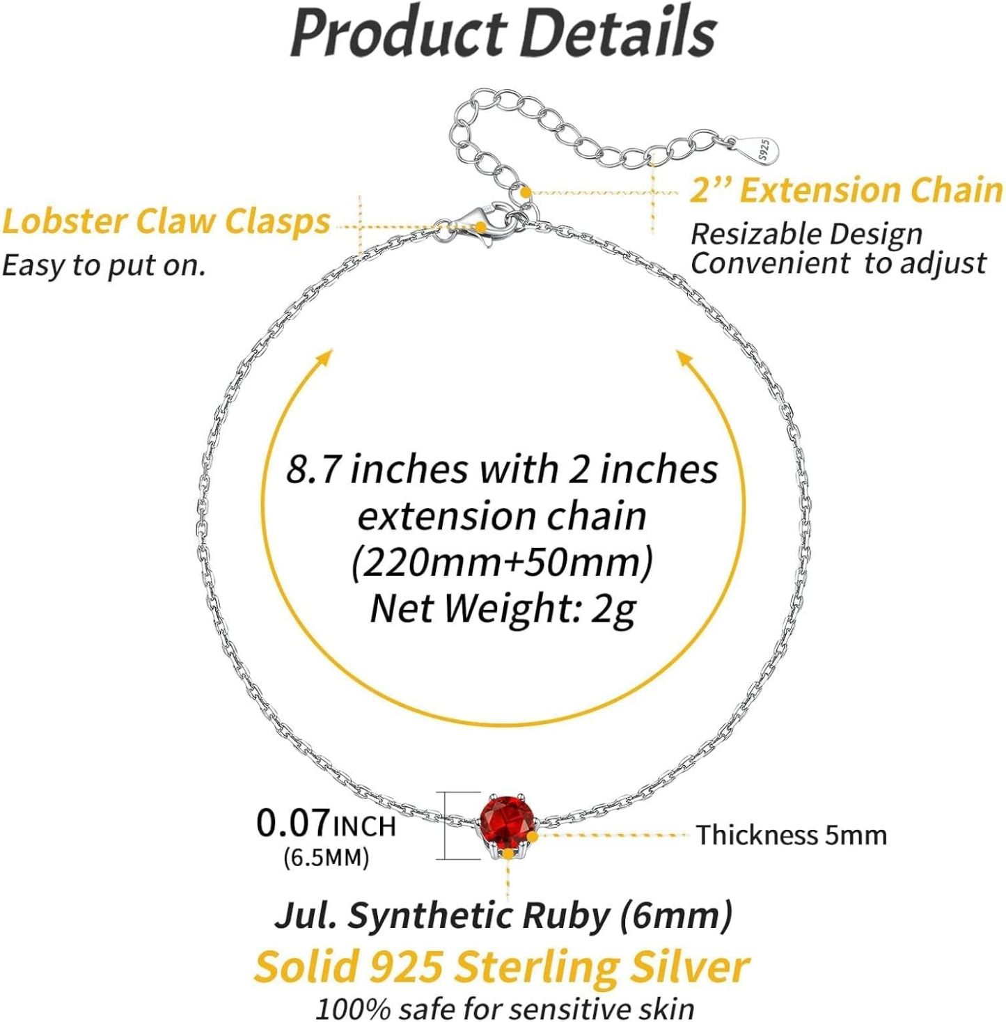 Simple Dainty Round Birthstone Ankle Details: Dimensions, Hypoallergenic, Lobster-Claw-Clasps
