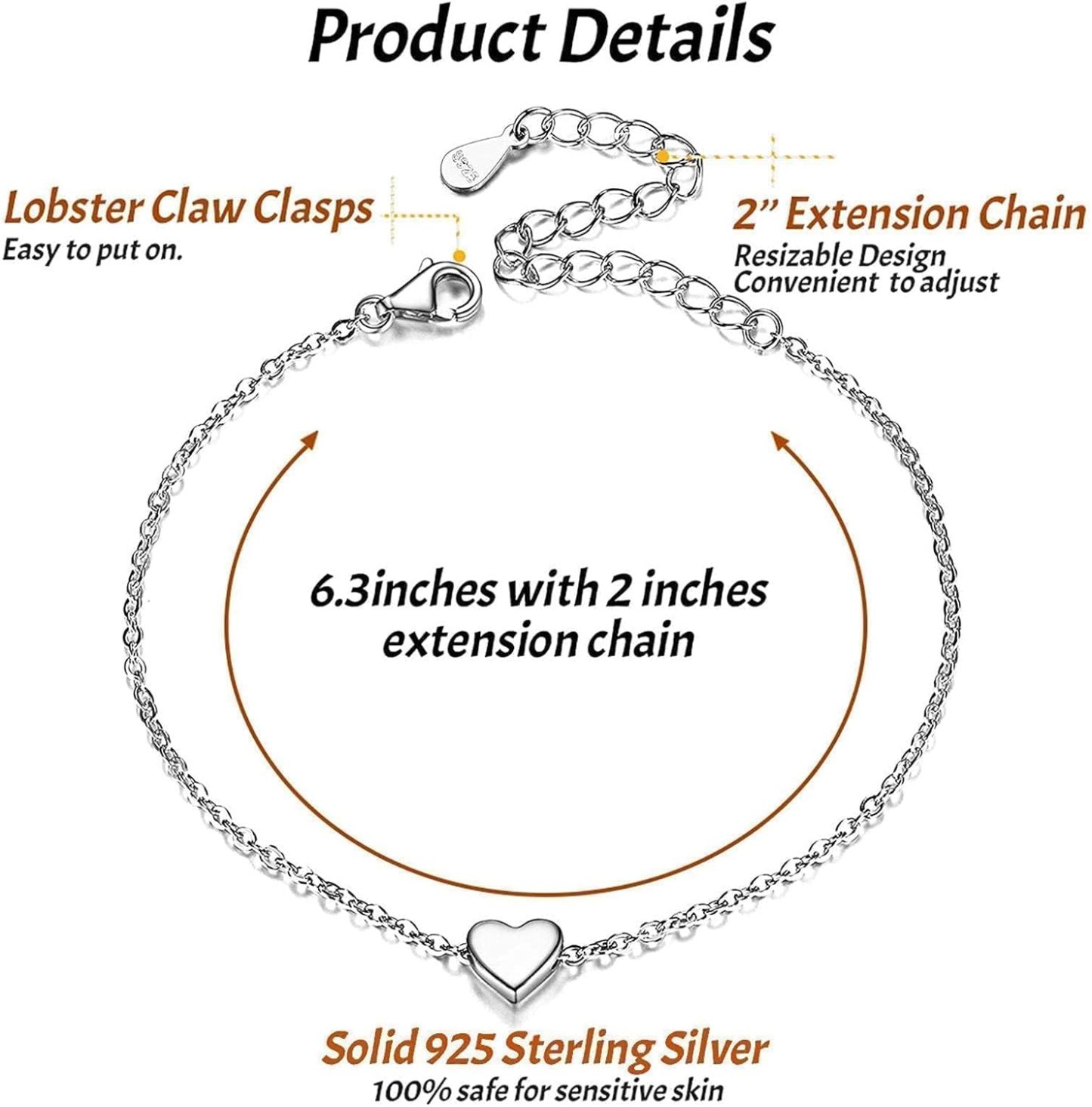 Classic Silver Heart Link Chain Bracelet  for Women, sterling silver jewlery, gift idea, sterling silver bracelets