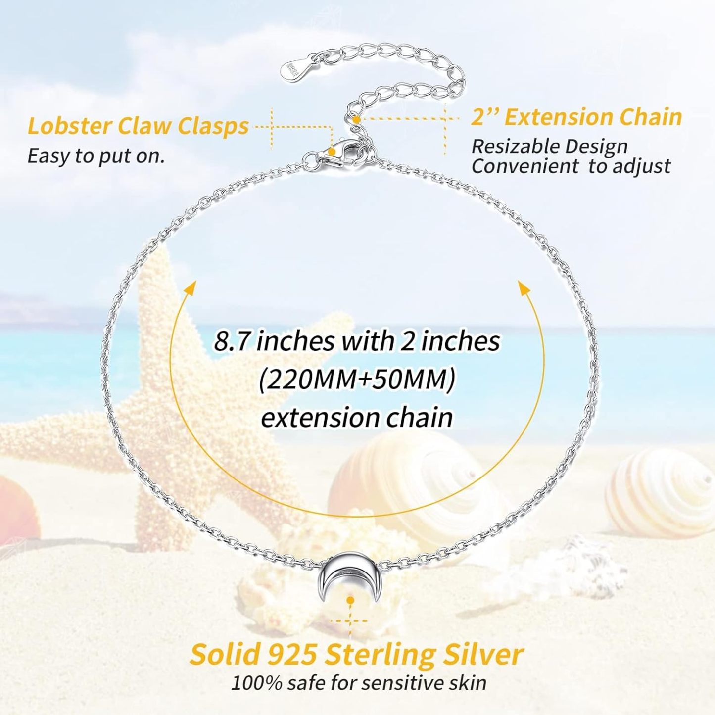 Dainty Small Moon Ankle Details: Dimensions, Hypoallergenic, Lobster-Claw-Clasps