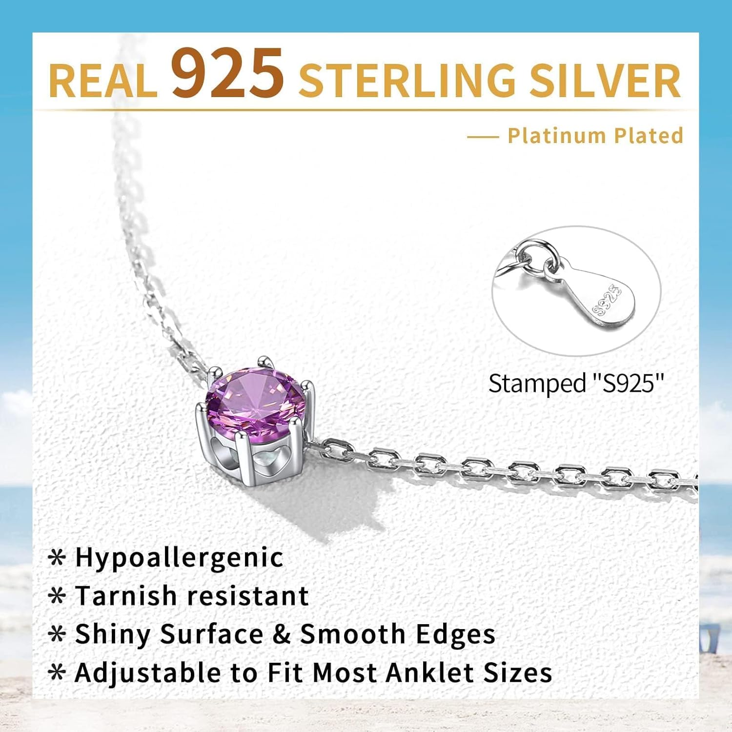 Sterling Silver Simple Dainty Round Birthstone Ankle