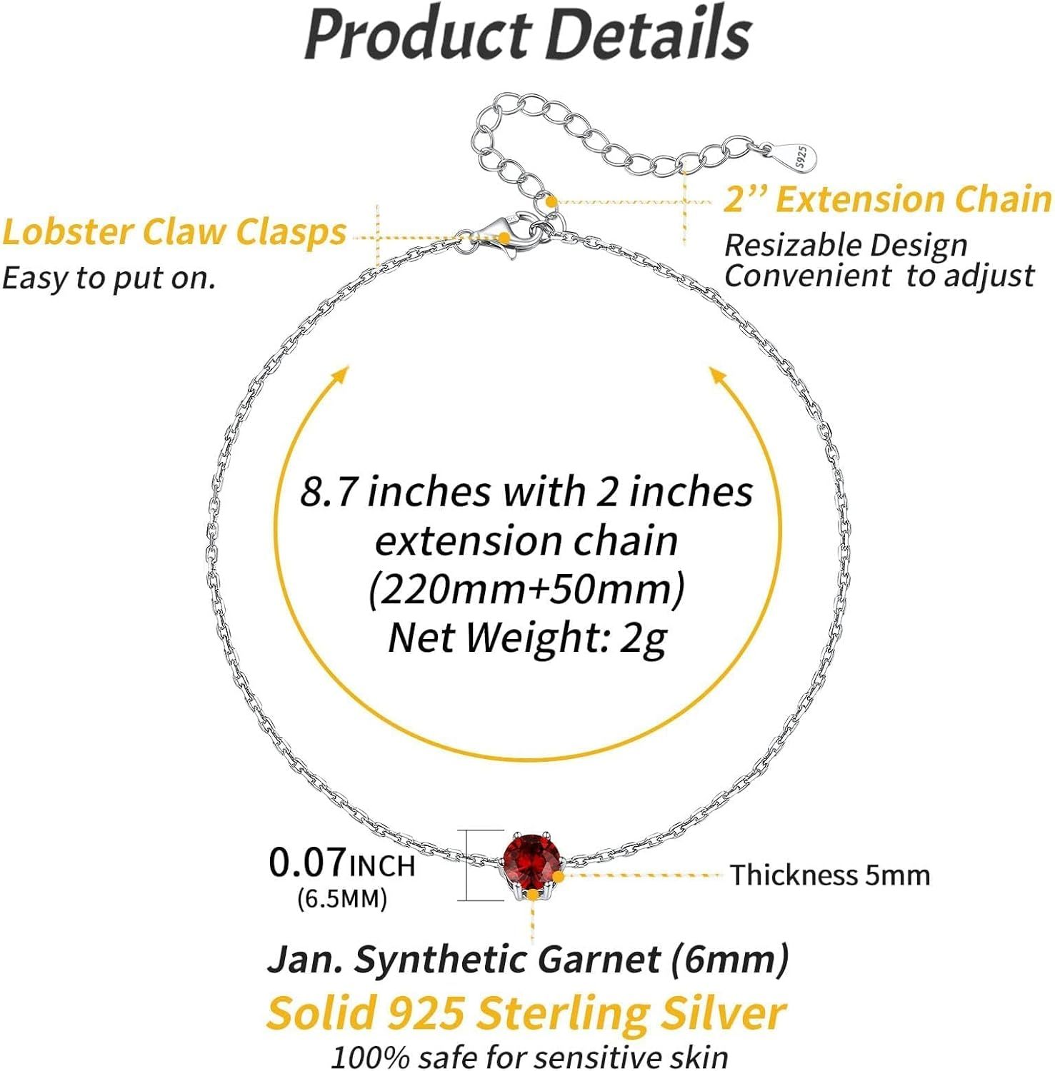 Simple Dainty Round Birthstone Ankle Details: Dimensions, Hypoallergenic, Lobster-Claw-Clasps