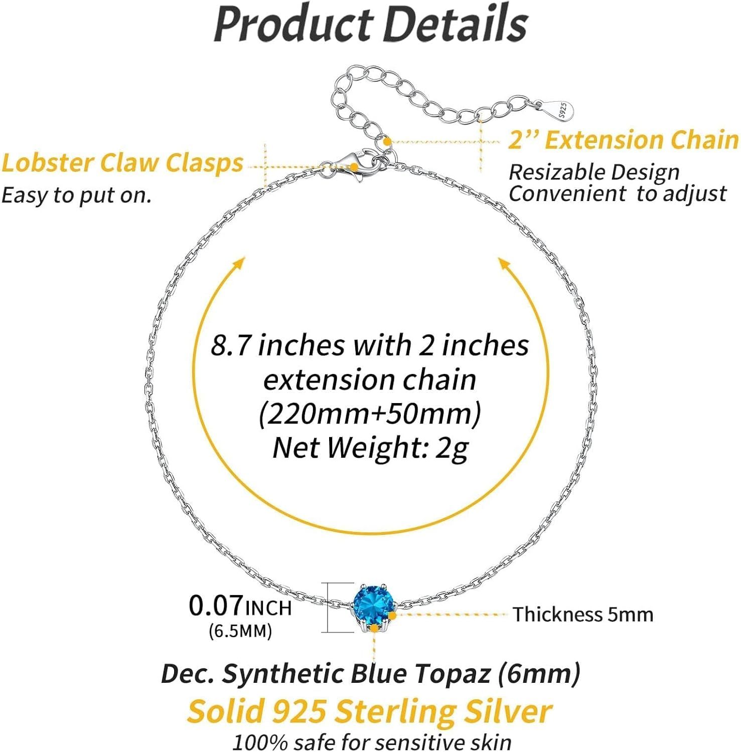 Simple Dainty Round Birthstone Ankle Details: Dimensions, Hypoallergenic, Lobster-Claw-Clasps