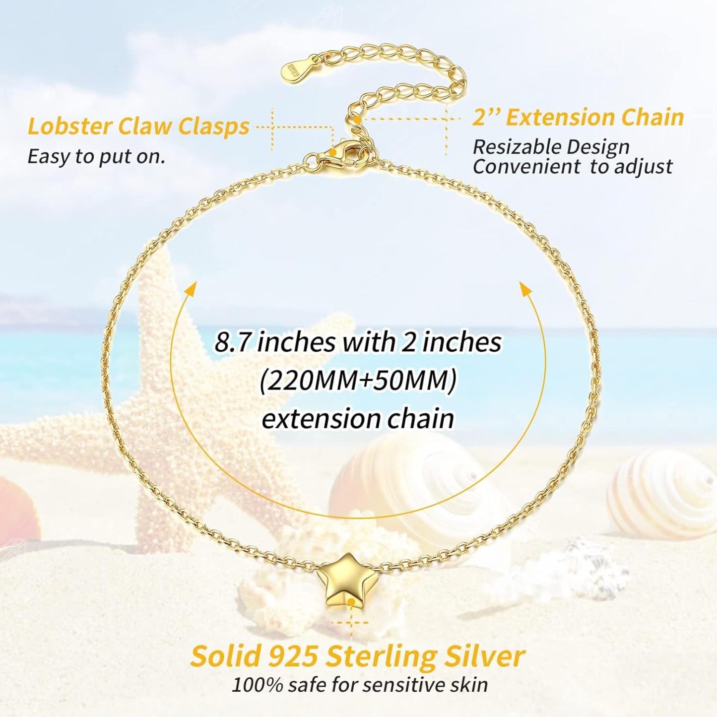 Dainty Star Dainty Beach Anklets Details: Dimensions, Hypoallergenic, Lobster-Claw-Clasps