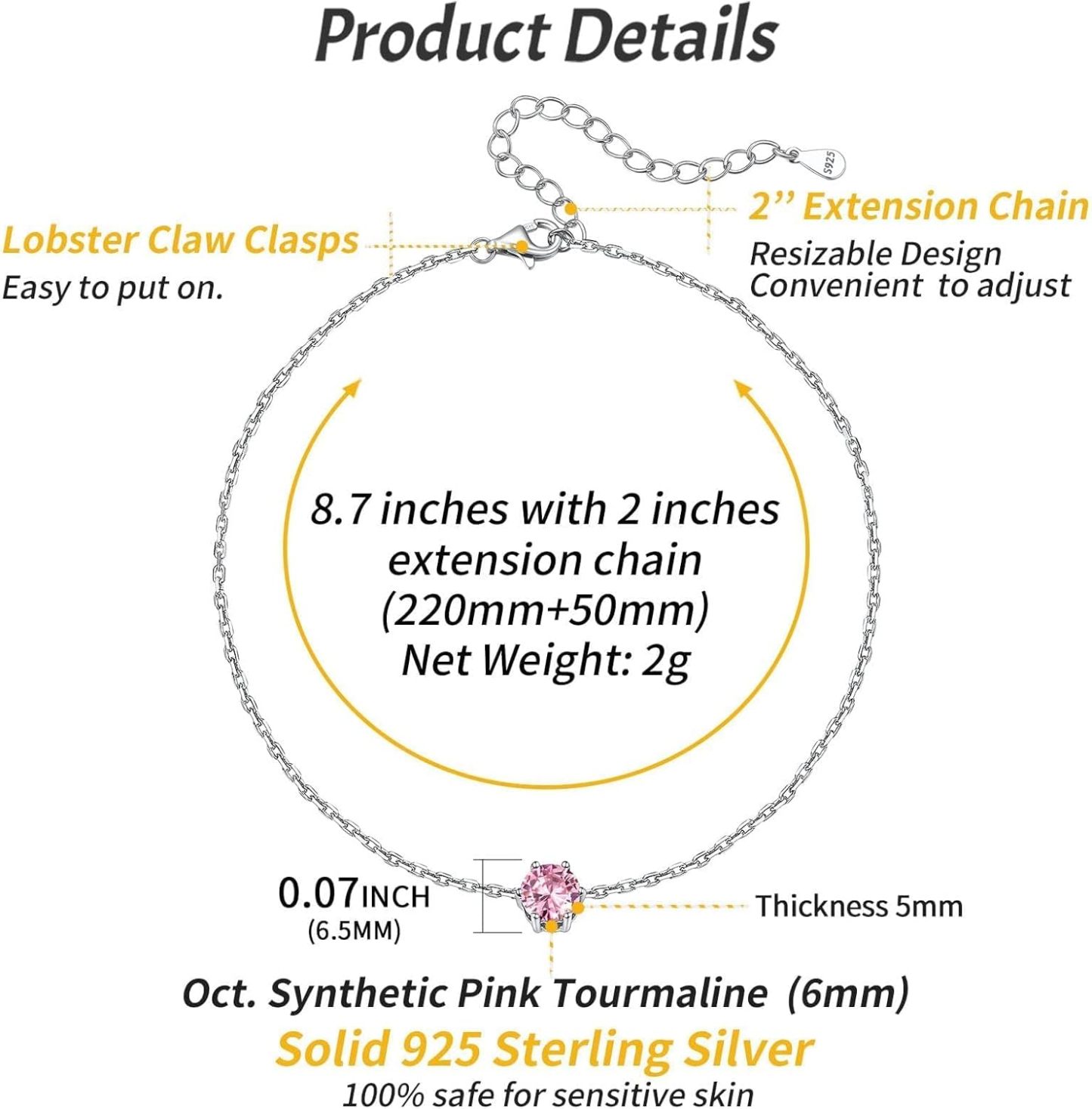 Simple Dainty Round Birthstone Ankle Details: Dimensions, Hypoallergenic, Lobster-Claw-Clasps