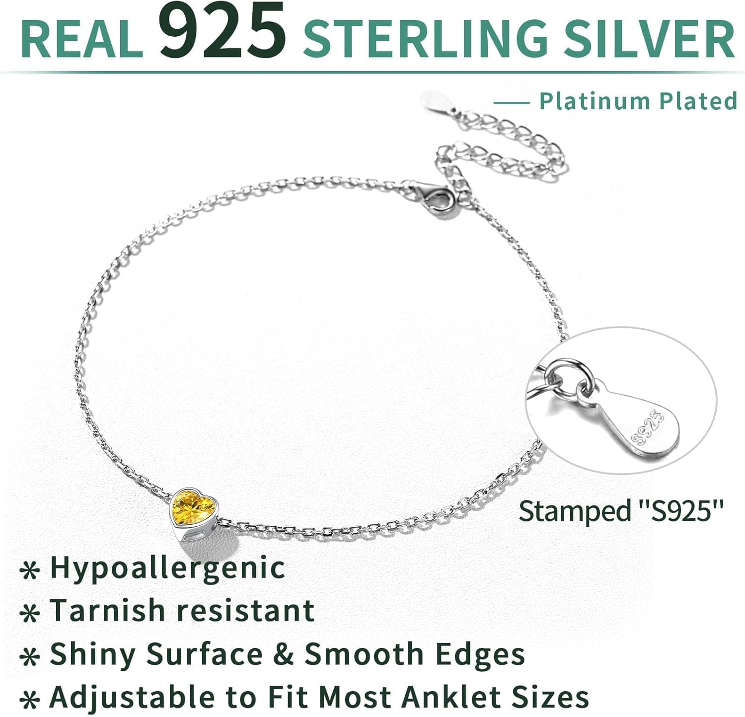 Sterling Silver Bride Heart Birthstone Wedding Anklets