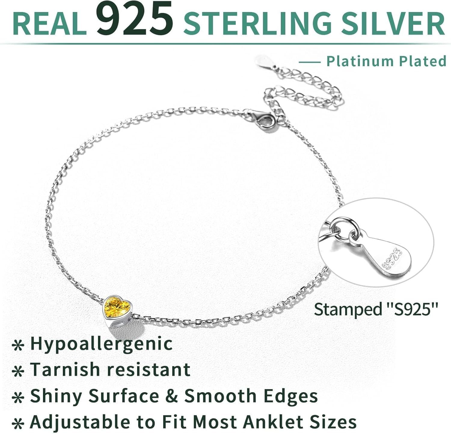 Sterling Silver Bride Heart Birthstone Wedding Anklets