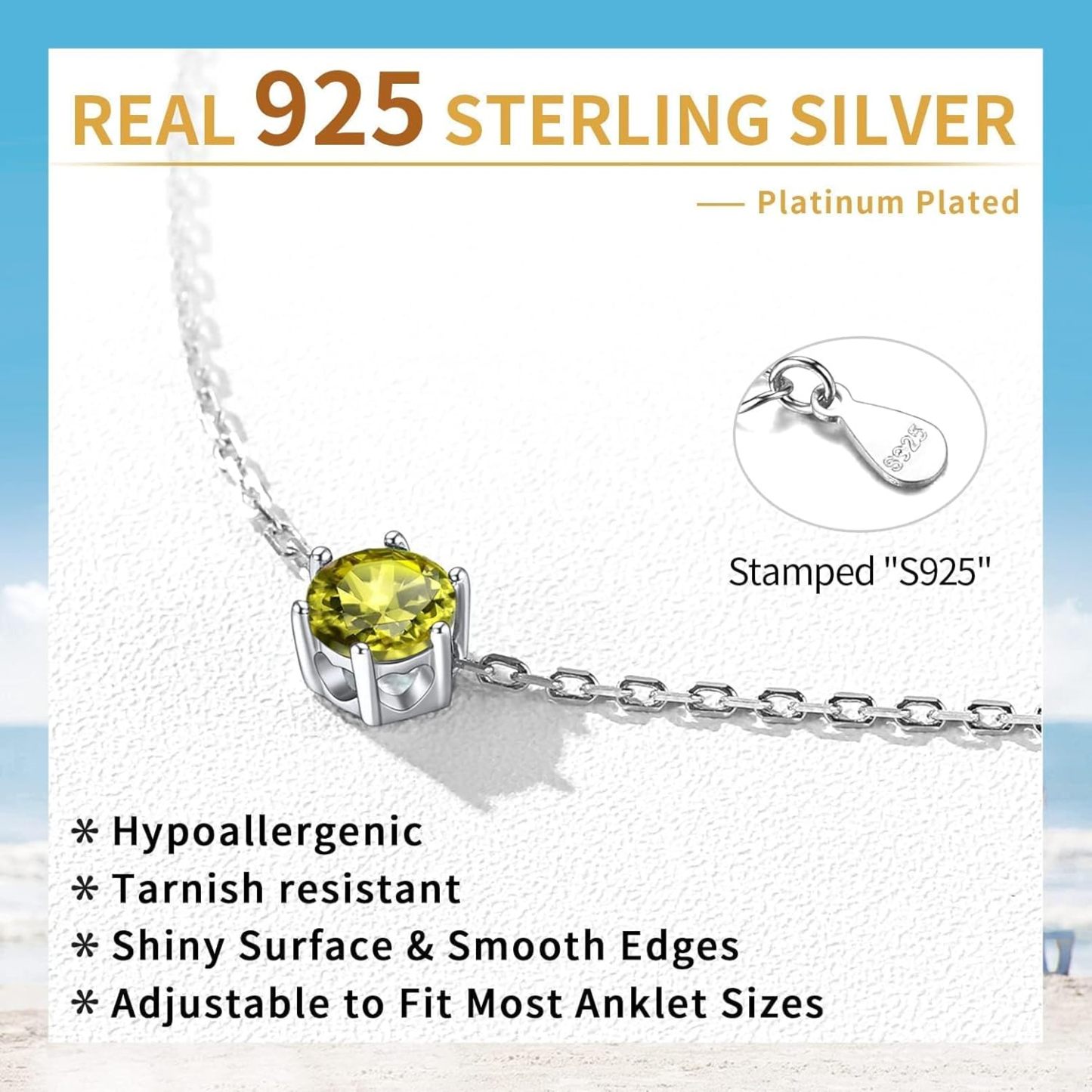 Sterling Silver Simple Dainty Round Birthstone Ankle