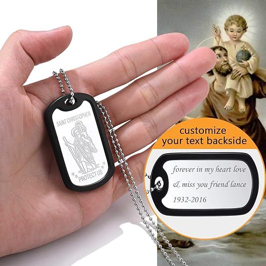 Custom Engraved  St Christopher Pendant Dog Tag Necklace For Men