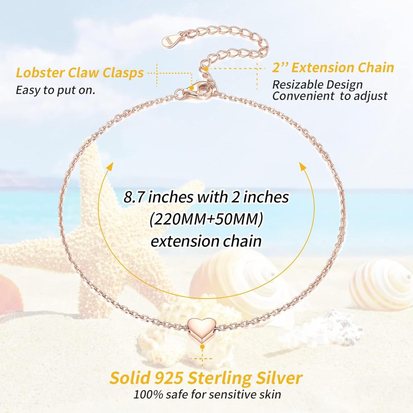 Rose Gold Dainty Heart Anklet for Women, sterling silver jewlery, heart jewelry, sterling silver anklet, gift idea