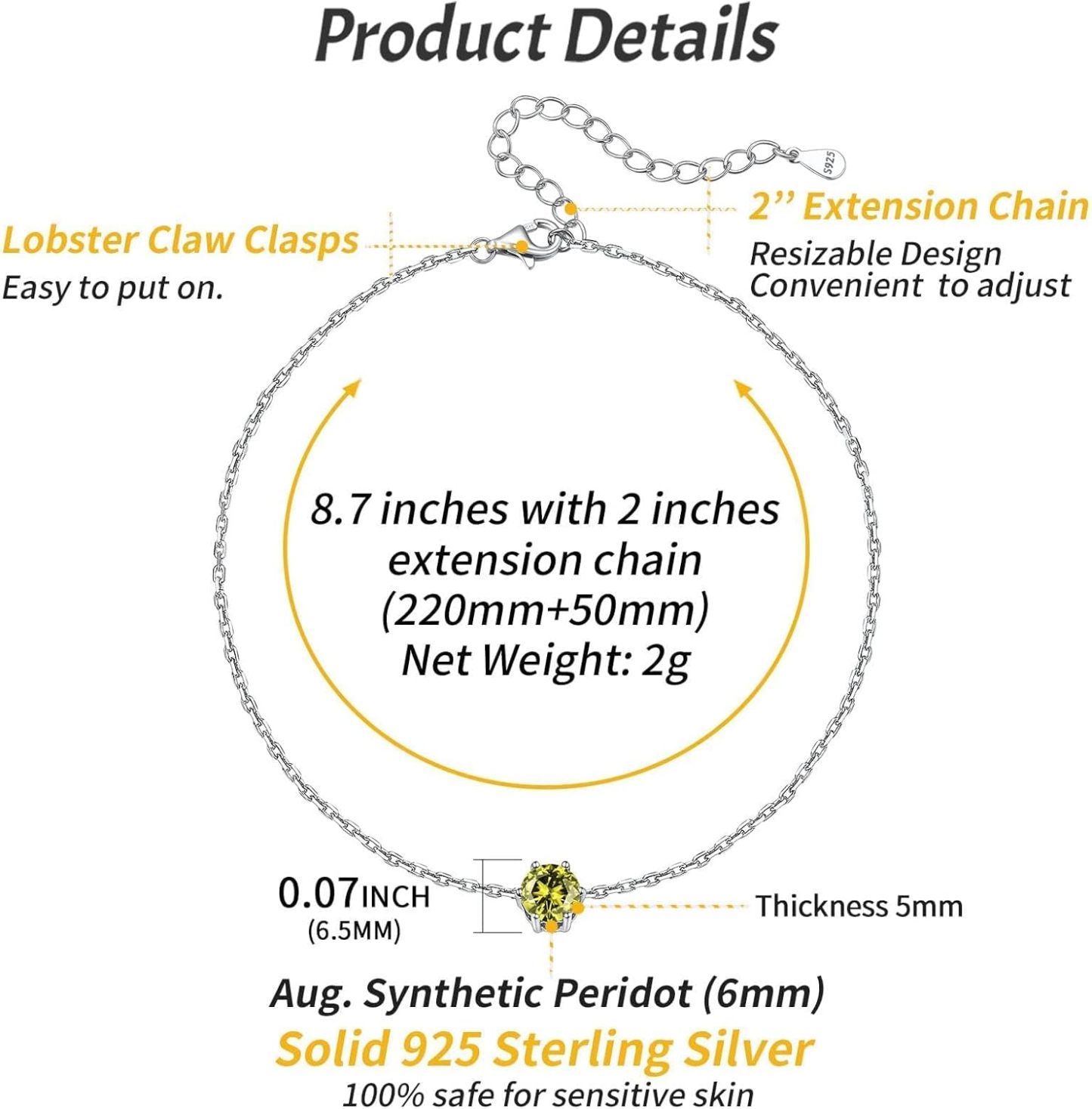 Simple Dainty Round Birthstone Ankle Details: Dimensions, Hypoallergenic, Lobster-Claw-Clasps