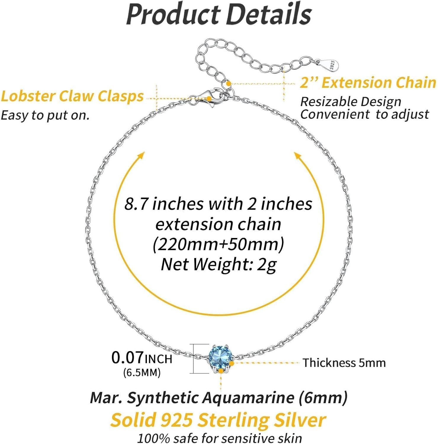 Simple Dainty Round Birthstone Ankle Details: Dimensions, Hypoallergenic, Lobster-Claw-Clasps