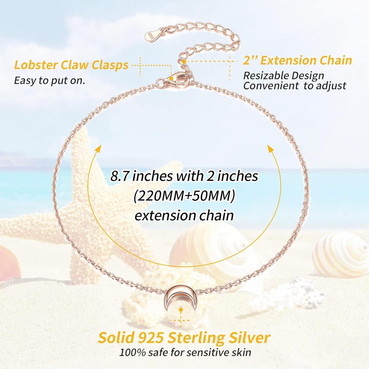 Dainty Small Moon Ankle Details: Dimensions, Hypoallergenic, Lobster-Claw-Clasps