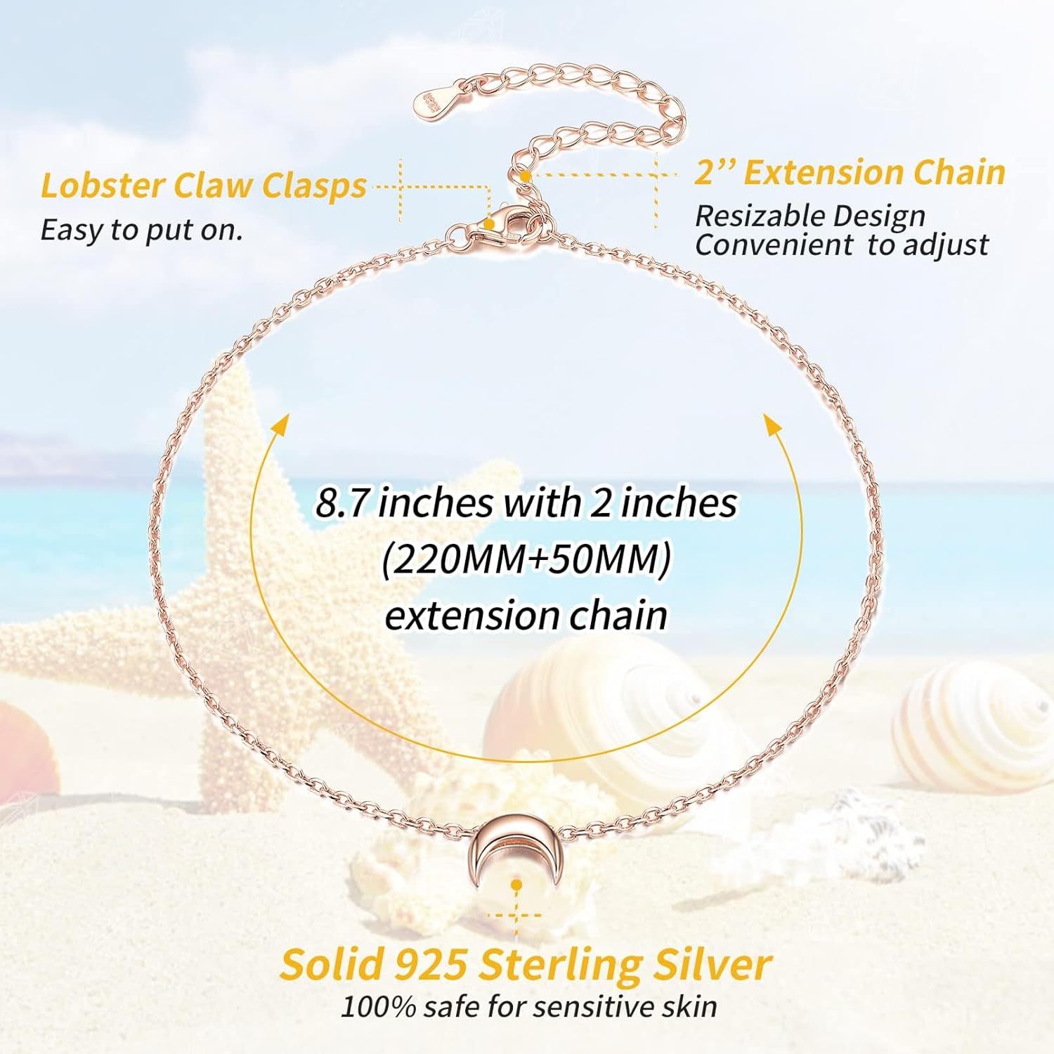 Dainty Small Moon Ankle Details: Dimensions, Hypoallergenic, Lobster-Claw-Clasps