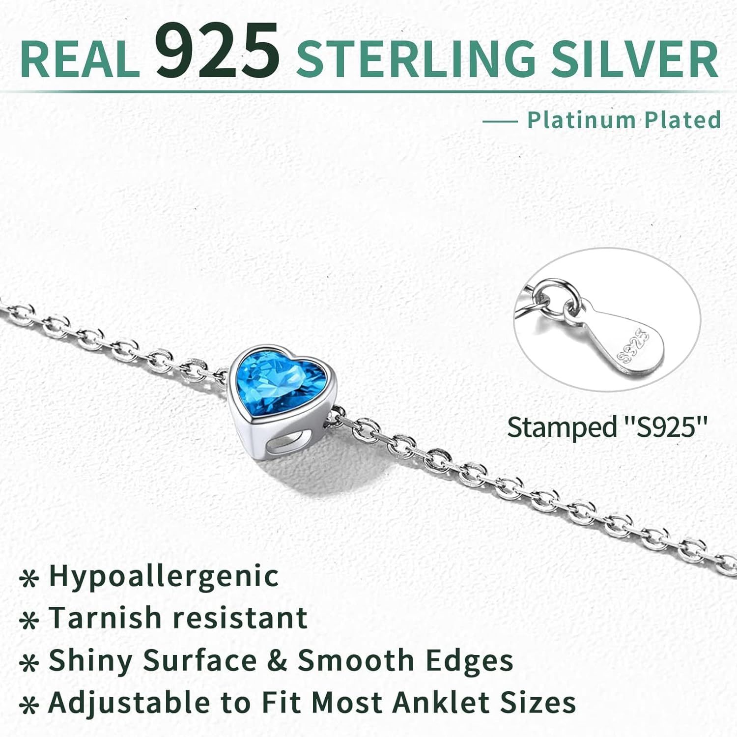 Sterling Silver Bride Heart Birthstone Wedding Anklets