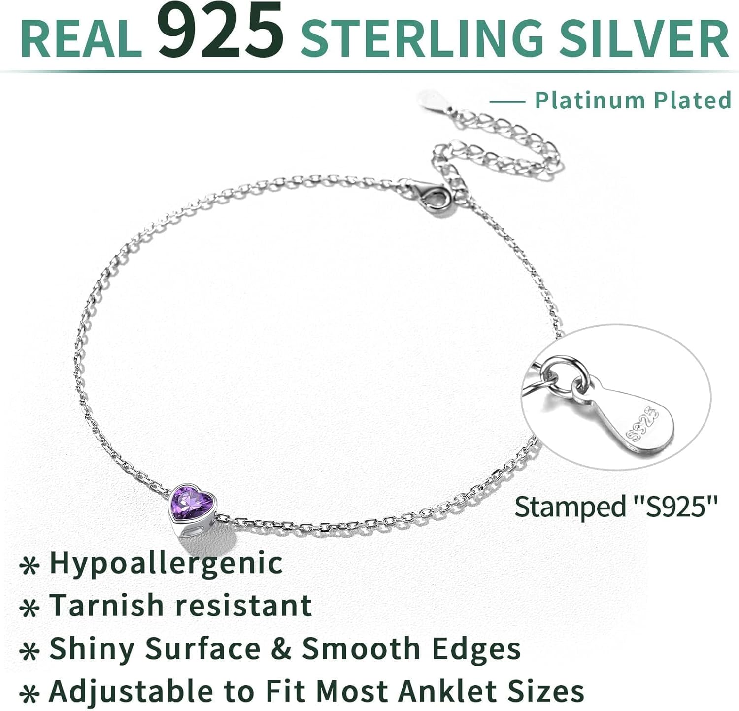 Sterling Silver Bride Heart Birthstone Wedding Anklets