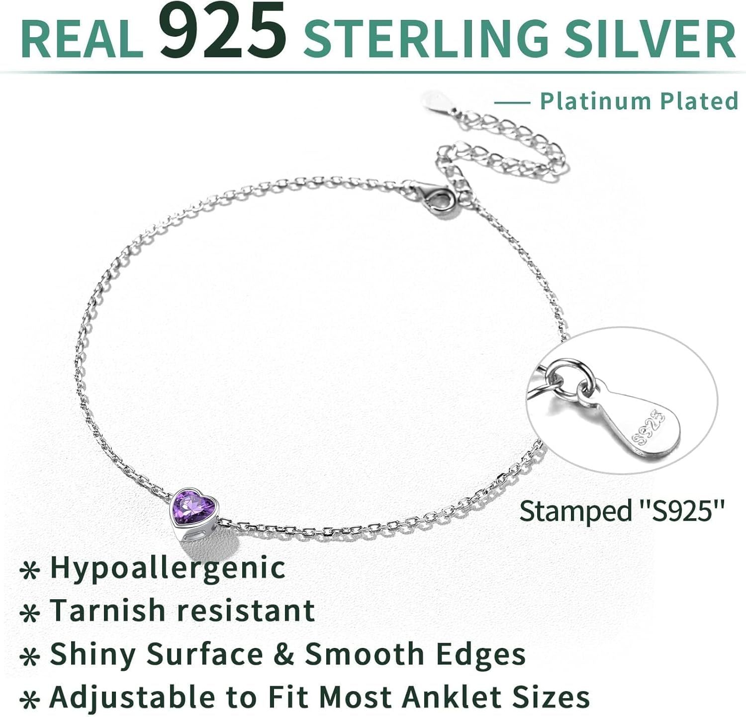 Sterling Silver Bride Heart Birthstone Wedding Anklets