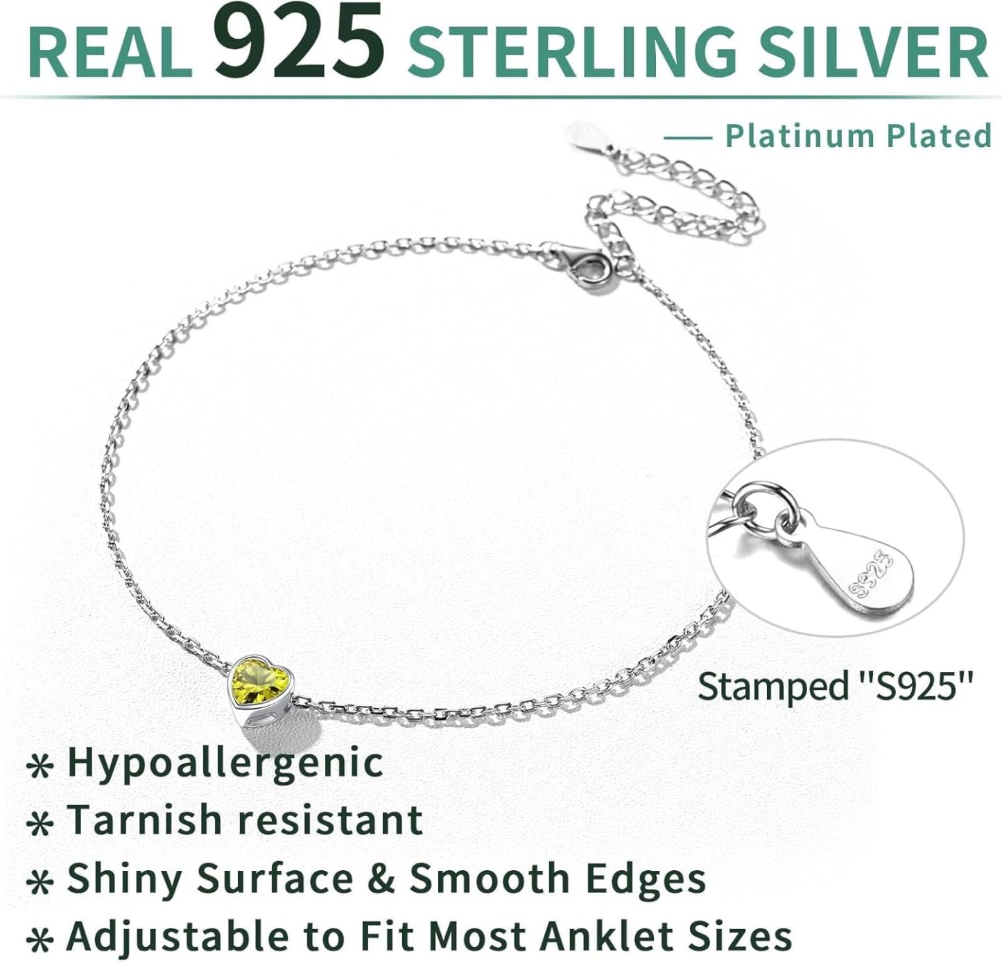 Sterling Silver Bride Heart Birthstone Wedding Anklets