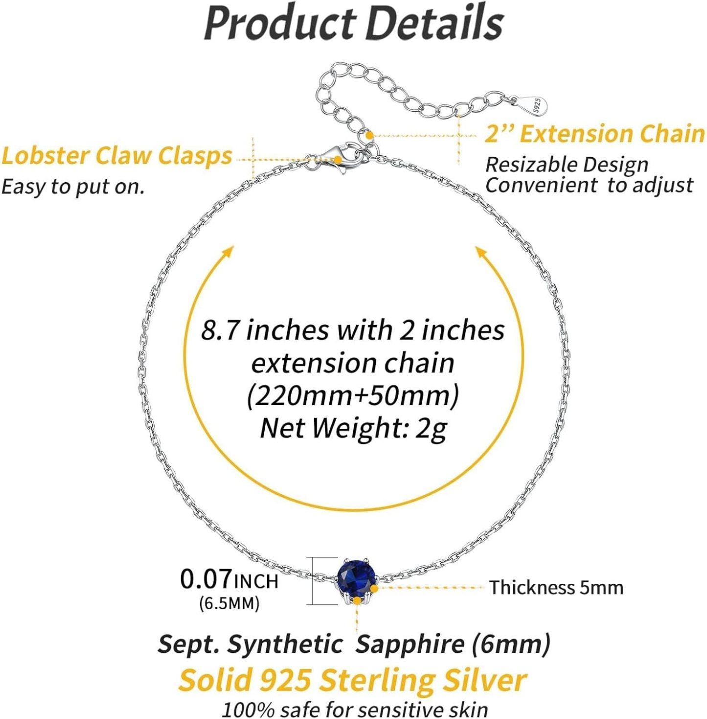 Simple Dainty Round Birthstone Ankle Details: Dimensions, Hypoallergenic, Lobster-Claw-Clasps