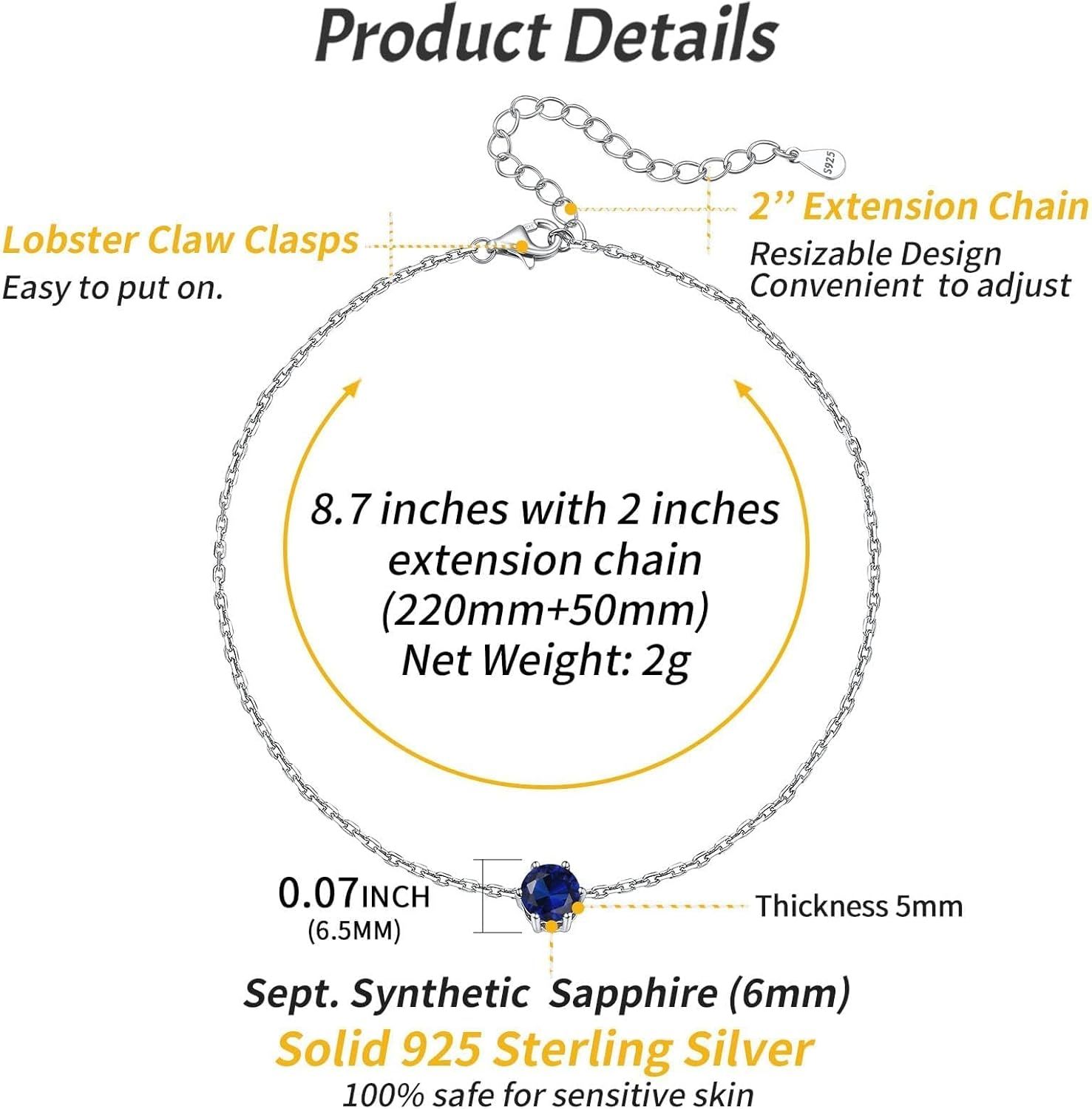 Simple Dainty Round Birthstone Ankle Details: Dimensions, Hypoallergenic, Lobster-Claw-Clasps