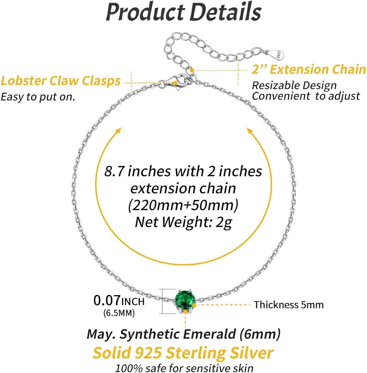 Simple Dainty Round Birthstone Ankle Details: Dimensions, Hypoallergenic, Lobster-Claw-Clasps