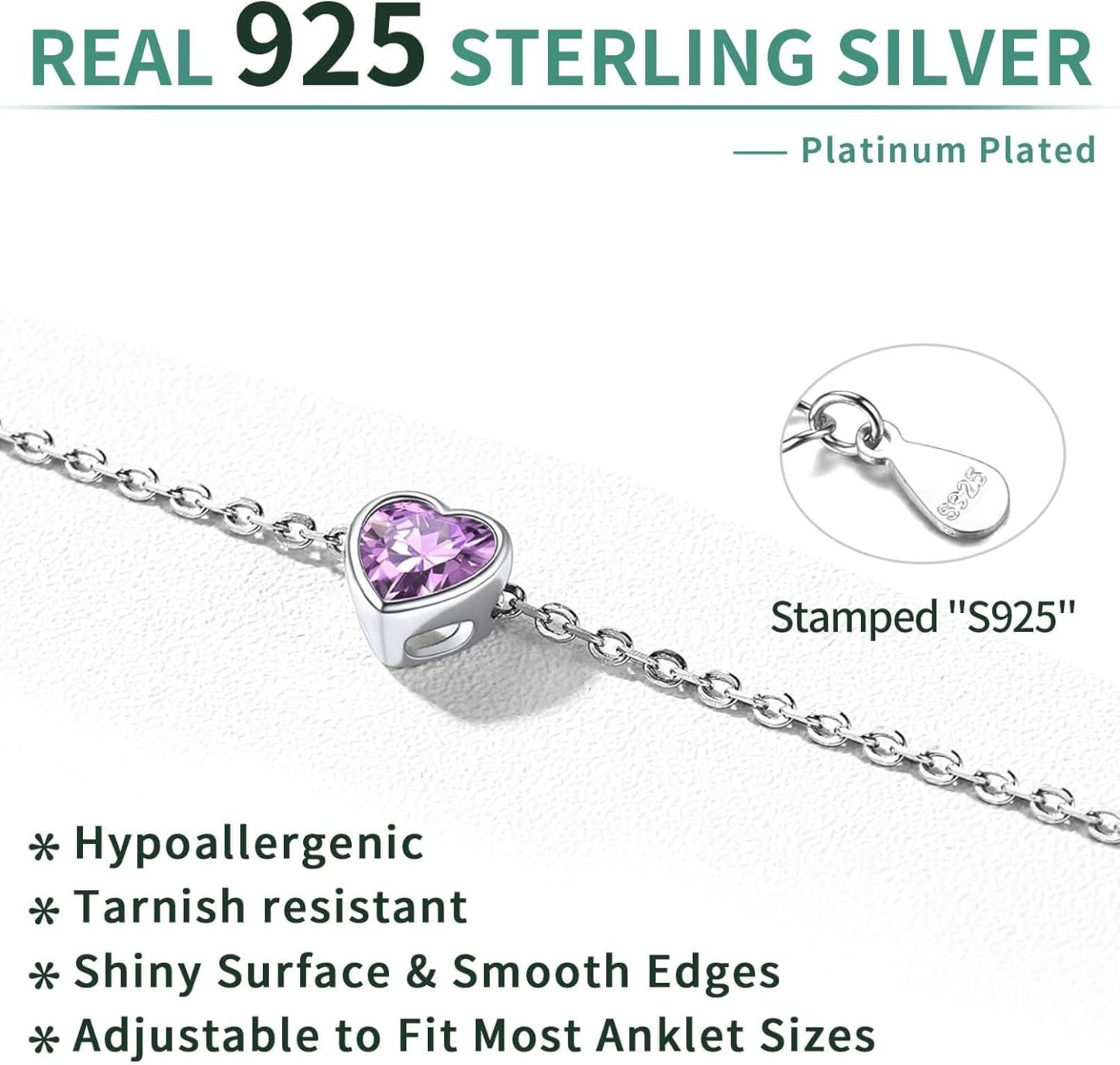 Sterling Silver Bride Heart Birthstone Wedding Anklets