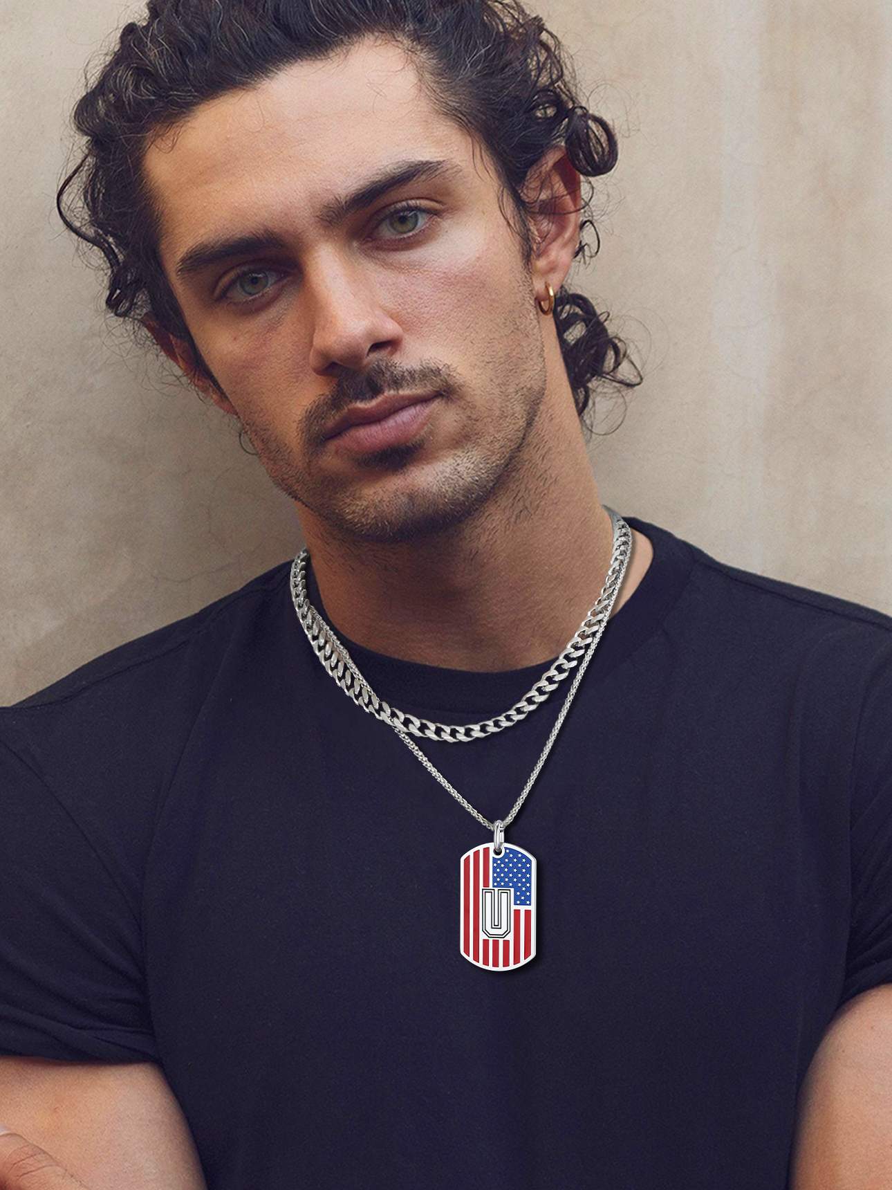 ChainsHouse American Flag Letter Initial Necklace for Men Women