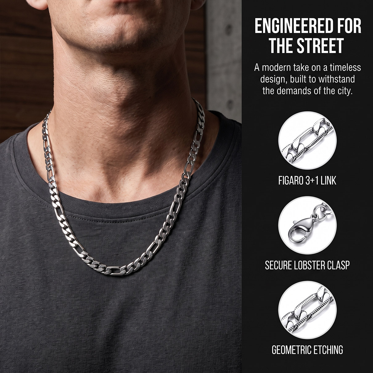 7mm Stainless Steel Figaro Chain Necklace For Men 