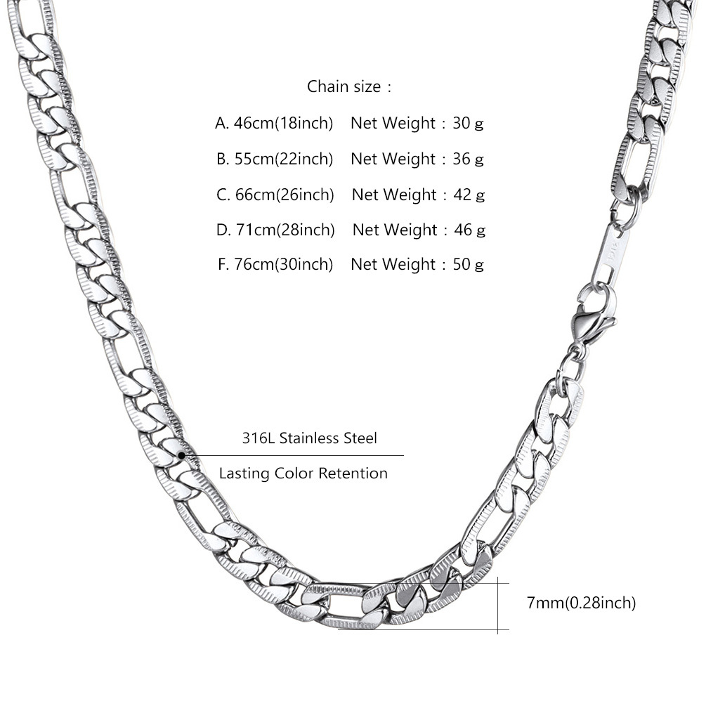 7mm Stainless Steel Figaro Chain Necklace For Men 