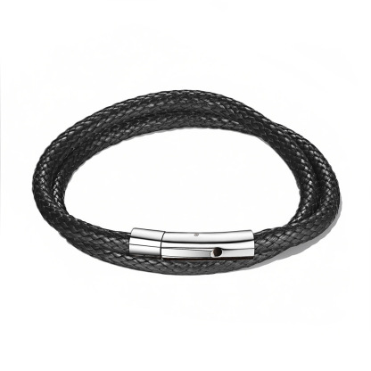 Custom Engraved Double Leather Bracelet - Black Brown Braided Handmade Personalized Gift for Men