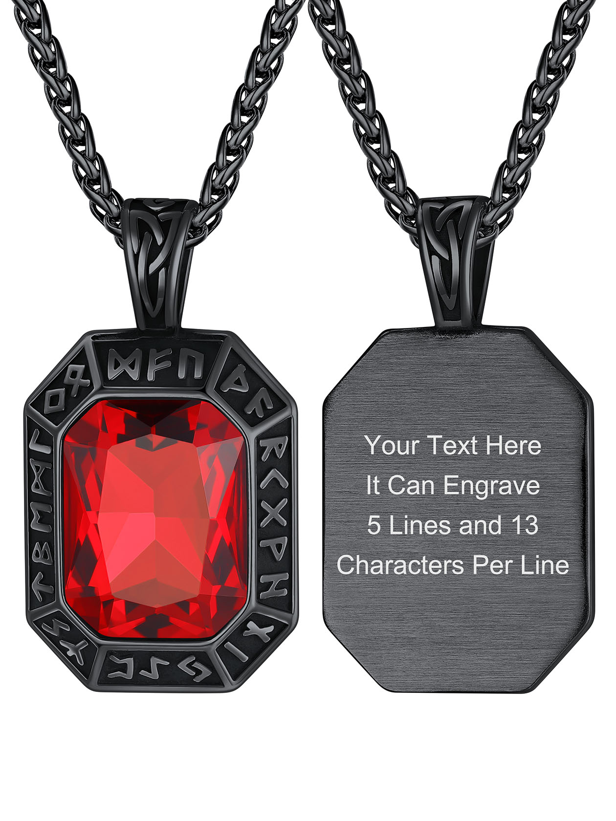 Engraved Crystal Dog Tag Necklace with Viking Runes For Men