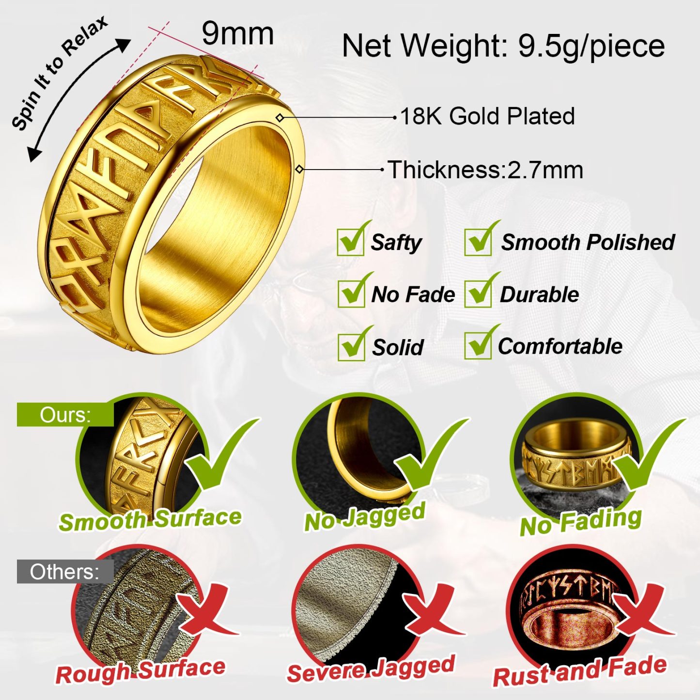 9MM Viking Rune Fidget Ring for Men