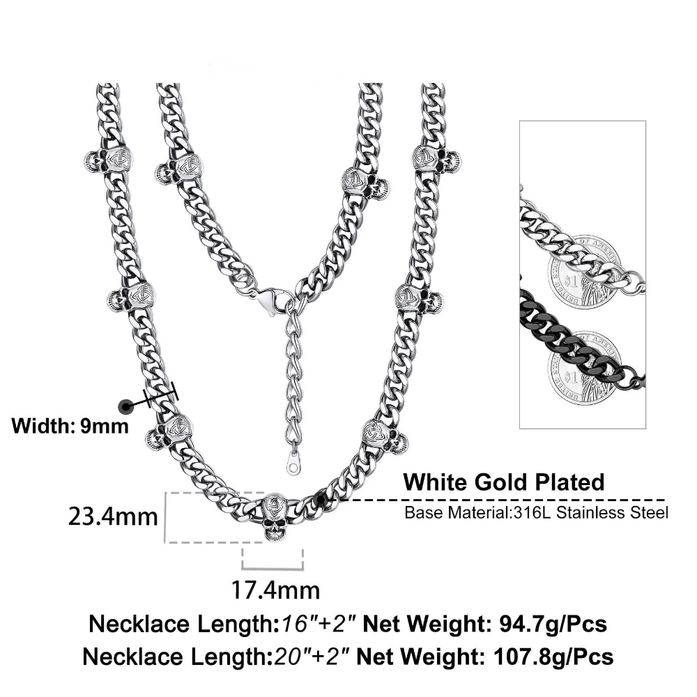 Gothic Skull Cuban Chain Necklace Details - Length, Width, Weight