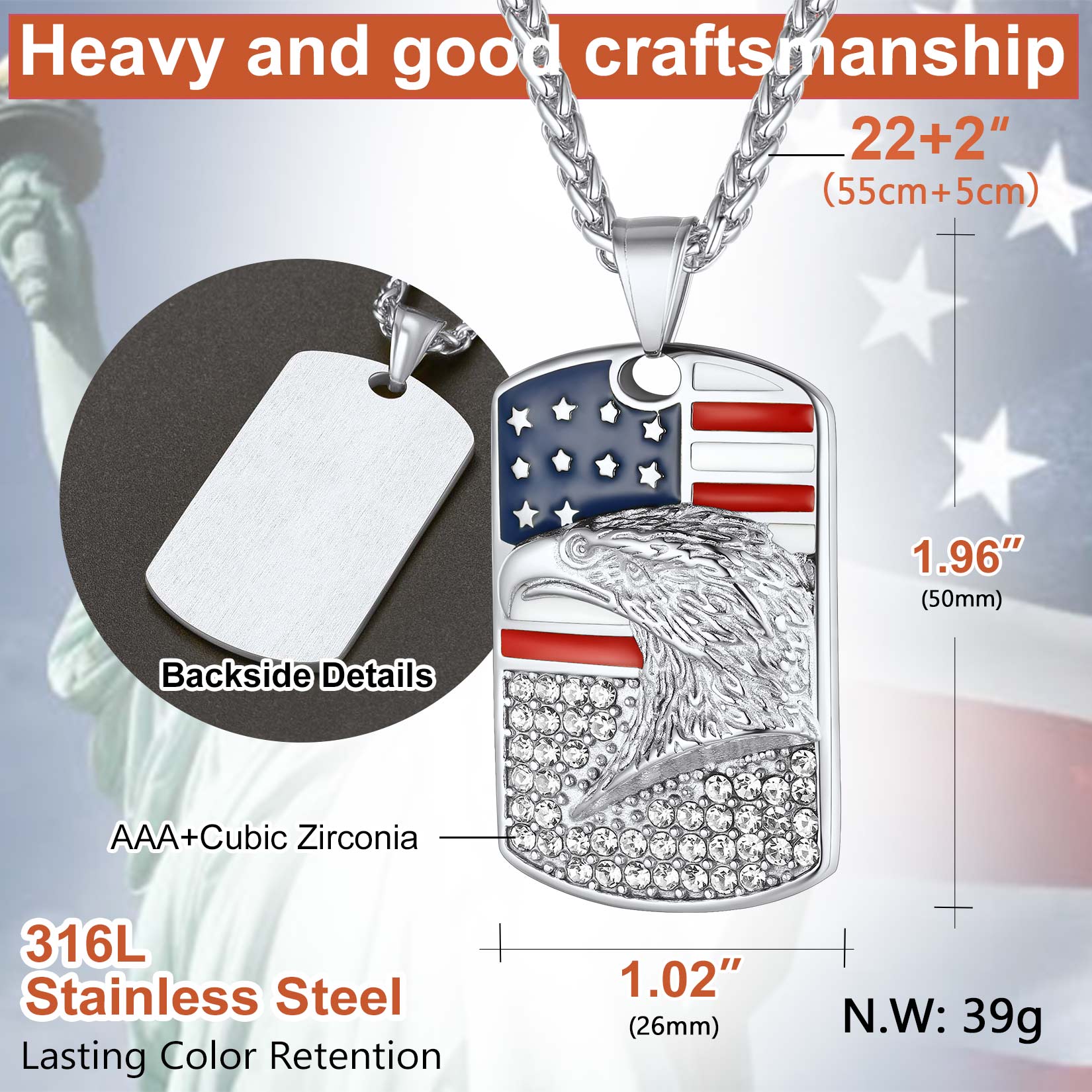 Stainless steel American flag eagle dog tag necklace