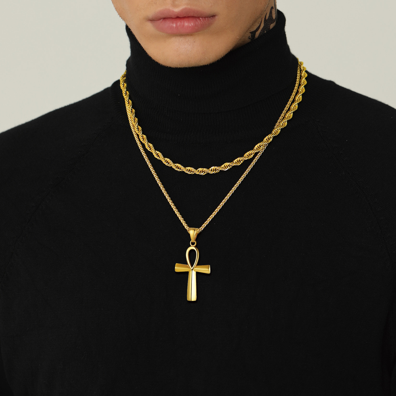 Stainless Steel Ankh Cross Pendant Egyptian Necklace For Men Women