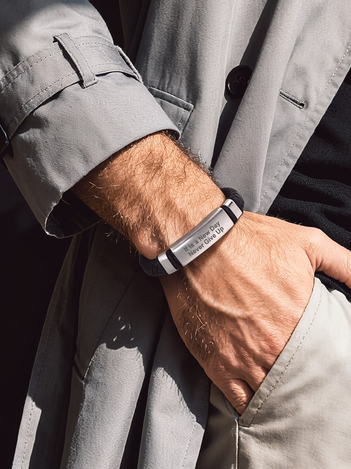 Custom Engraving 11mm Stainless Steel  Leather Bracelet For Men