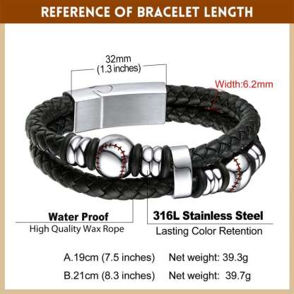 Baseball Beaded Woven Leather Bracelet With Magnetic Buckle