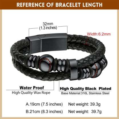 Baseball Beaded Woven Leather Bracelet With Magnetic Buckle