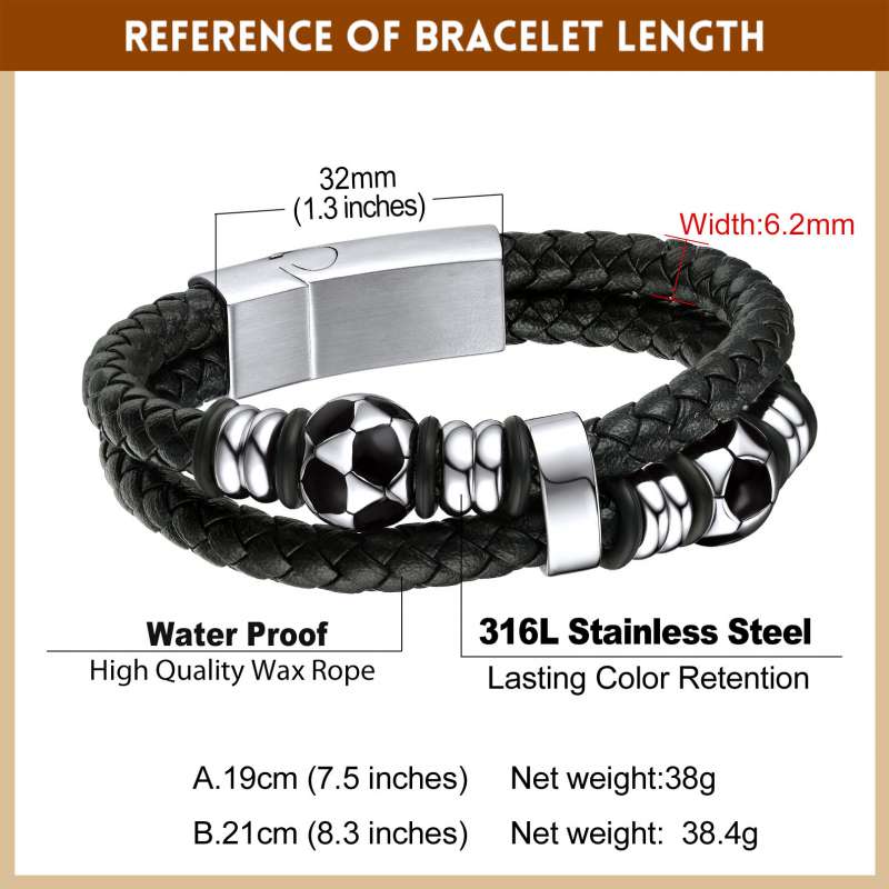 Football Beaded Woven Leather Bracelet With Magnetic Buckle