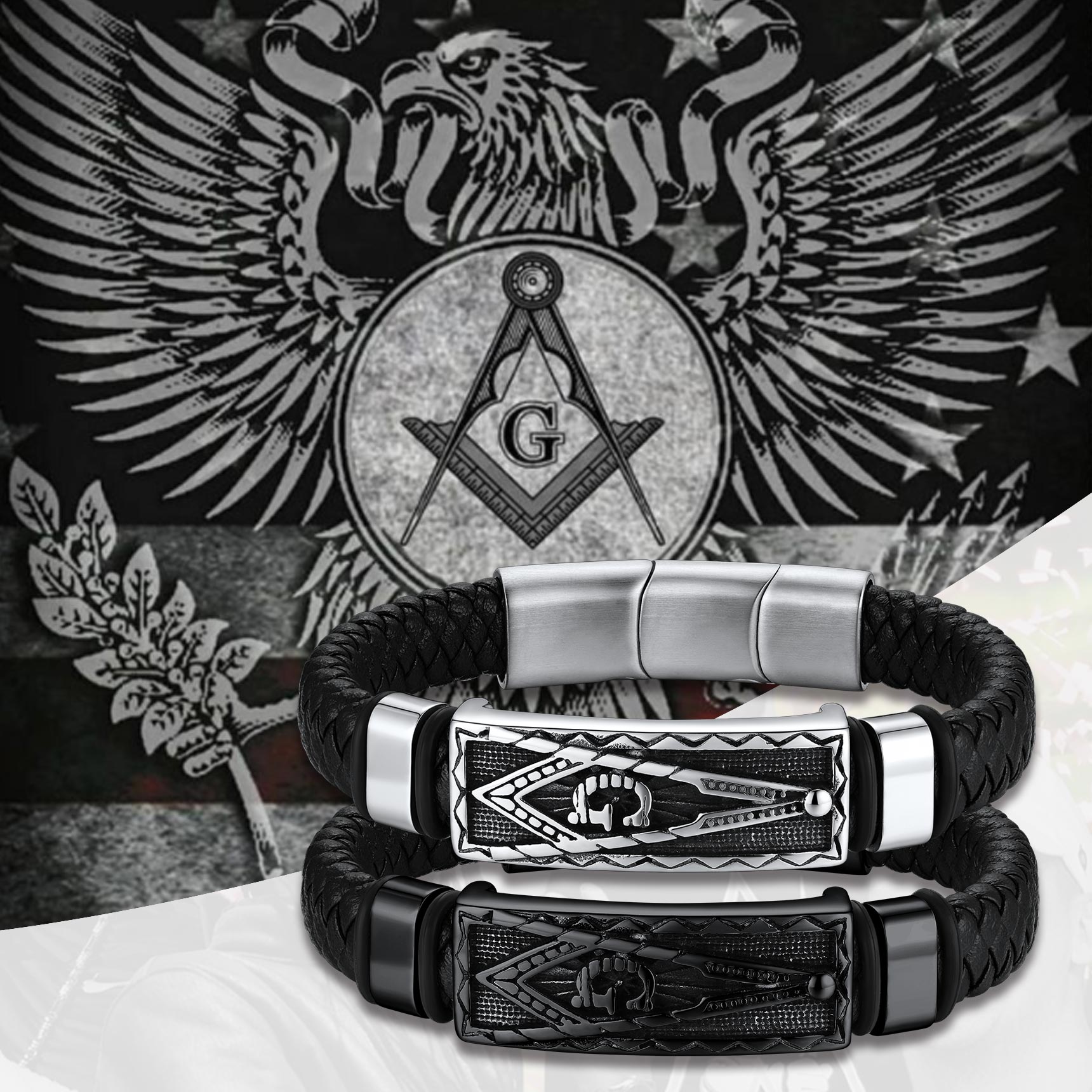 Masonic leather bracelets with Freemason symbols