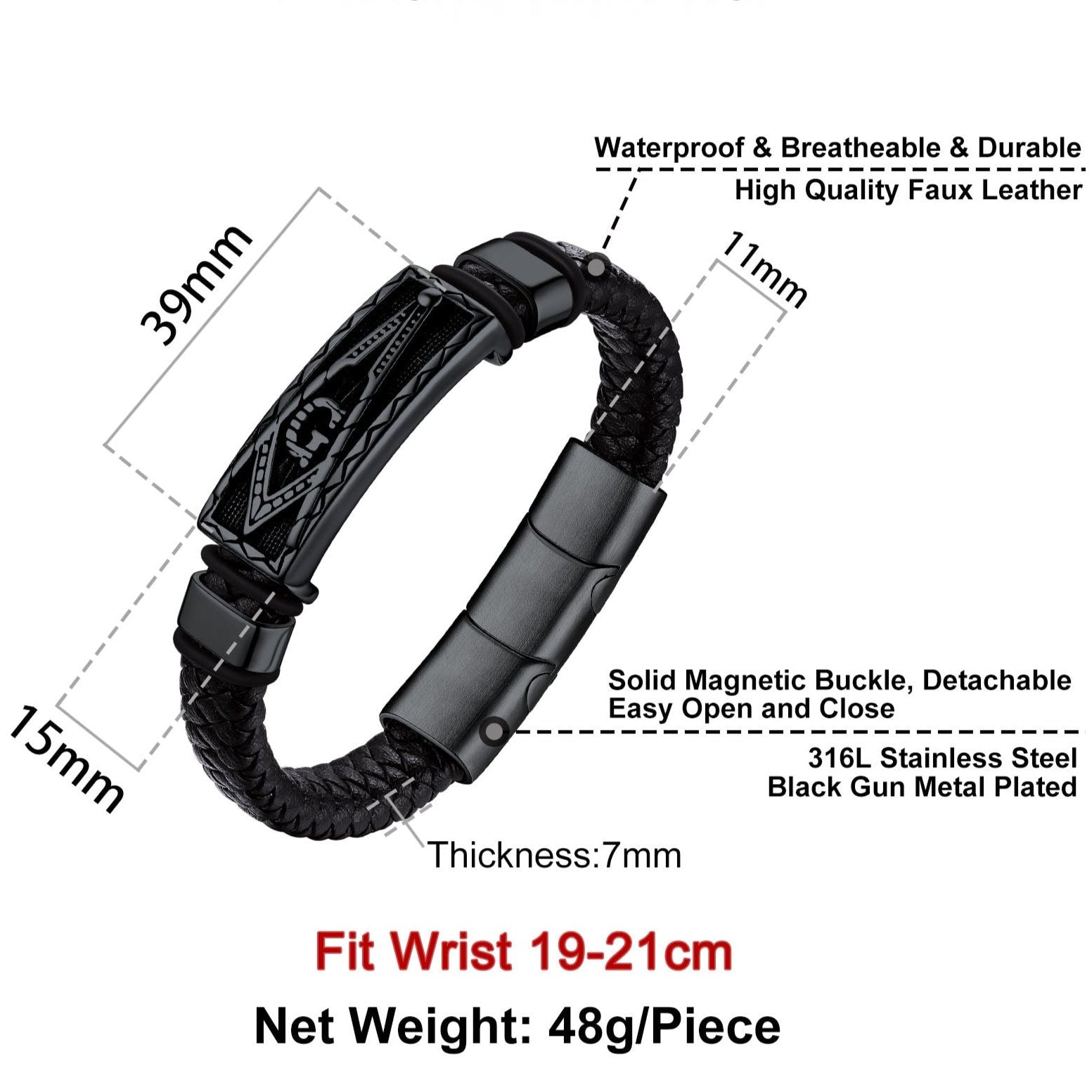Masonic Compass Braided Leather Bracelet Dimensions and Features