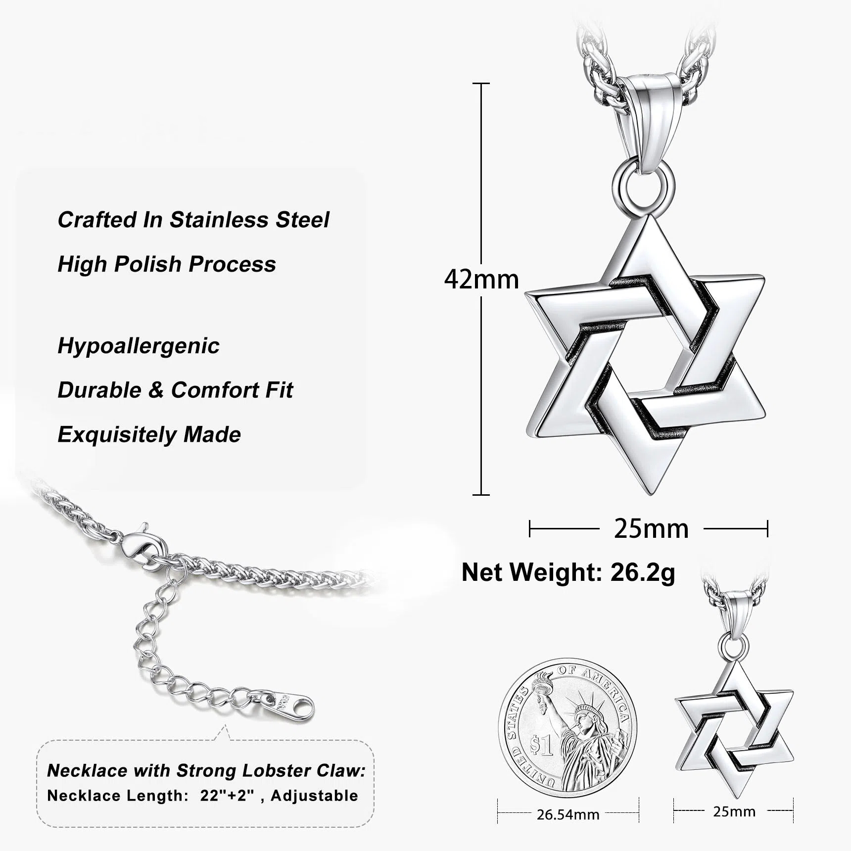 Stainless Steel Star of David Retro Necklace for Men Women