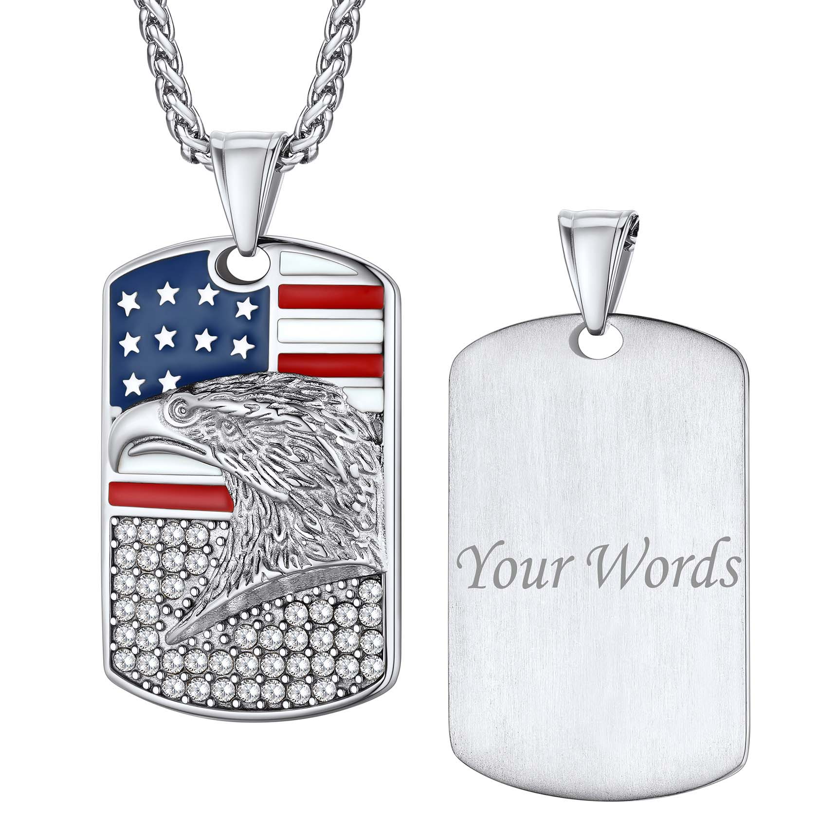 Engraved Zircon American Flag Eagle Pendant Dog Tag for Men