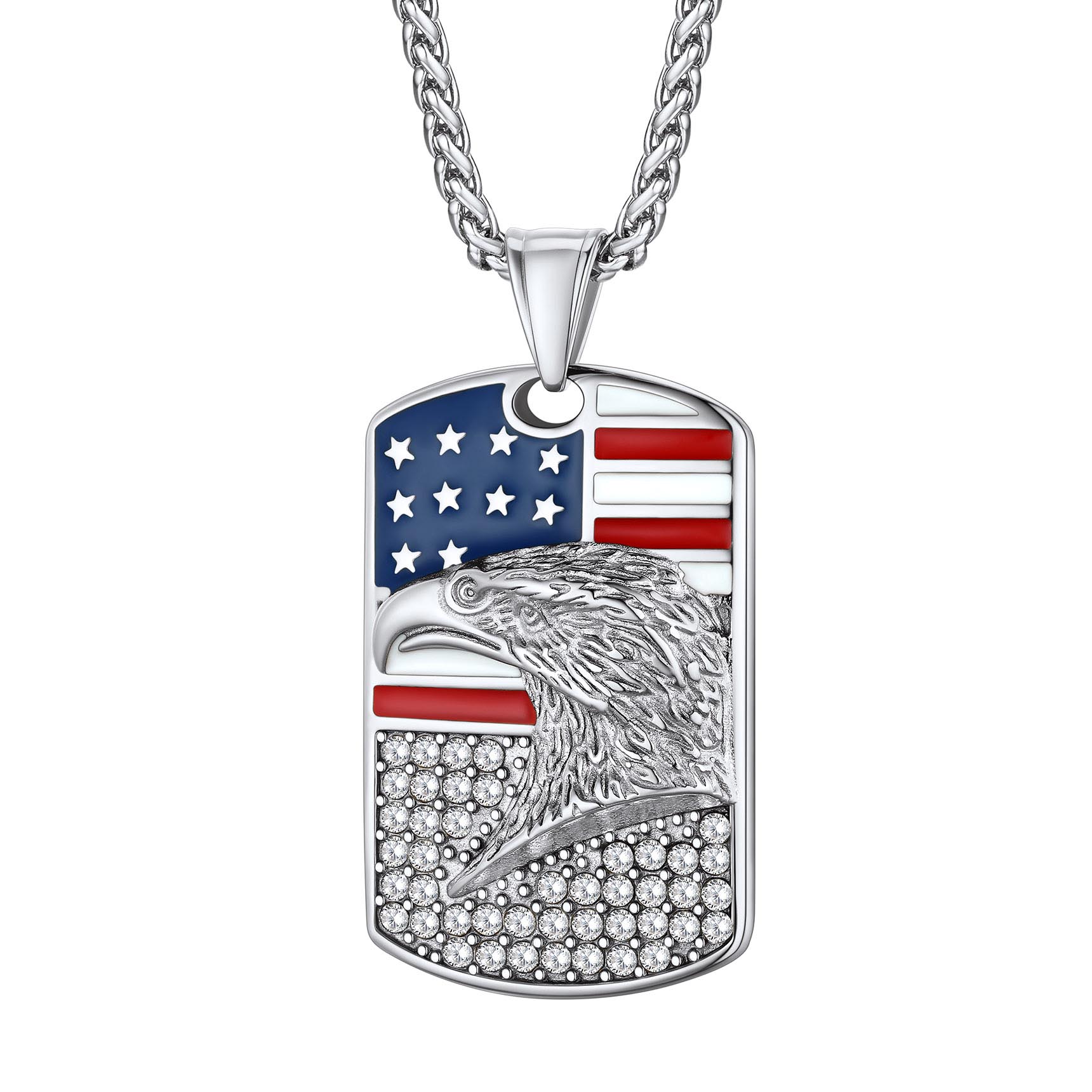 American Flag Eagle Pendant Dog Tag for Men, Stainless Steel Necklace/ 3mm Chain