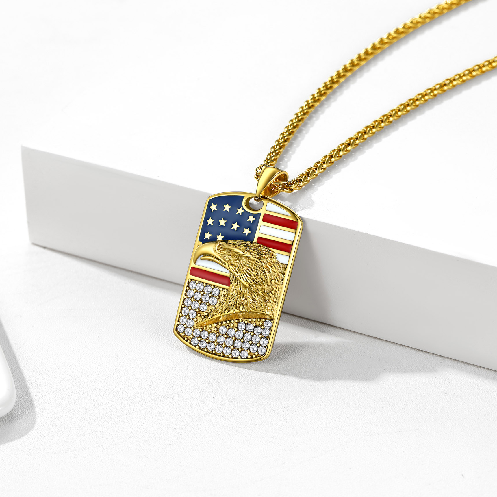 Engraved Zircon American Flag Eagle Pendant Dog Tag for Men