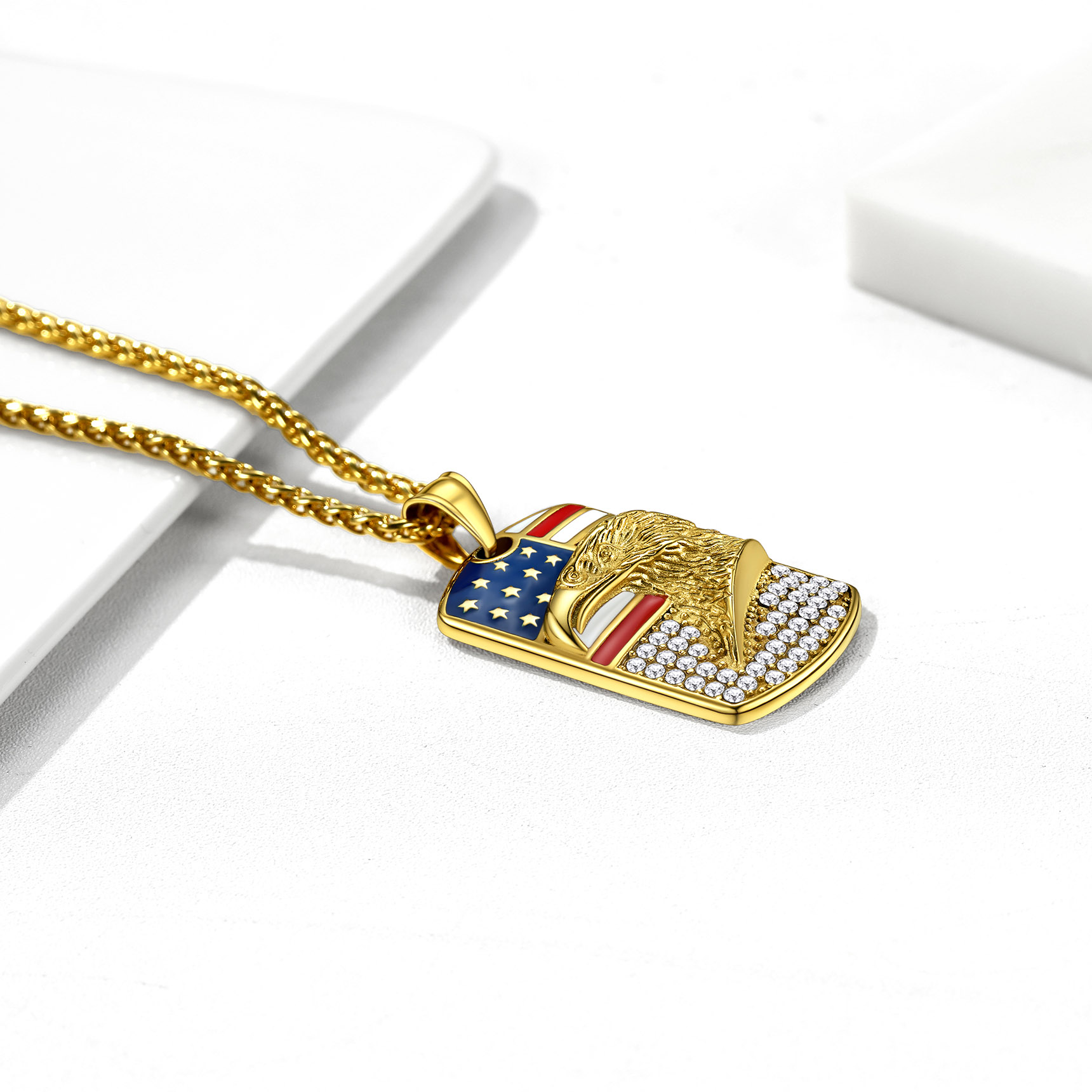 Engraved Zircon American Flag Eagle Pendant Dog Tag for Men