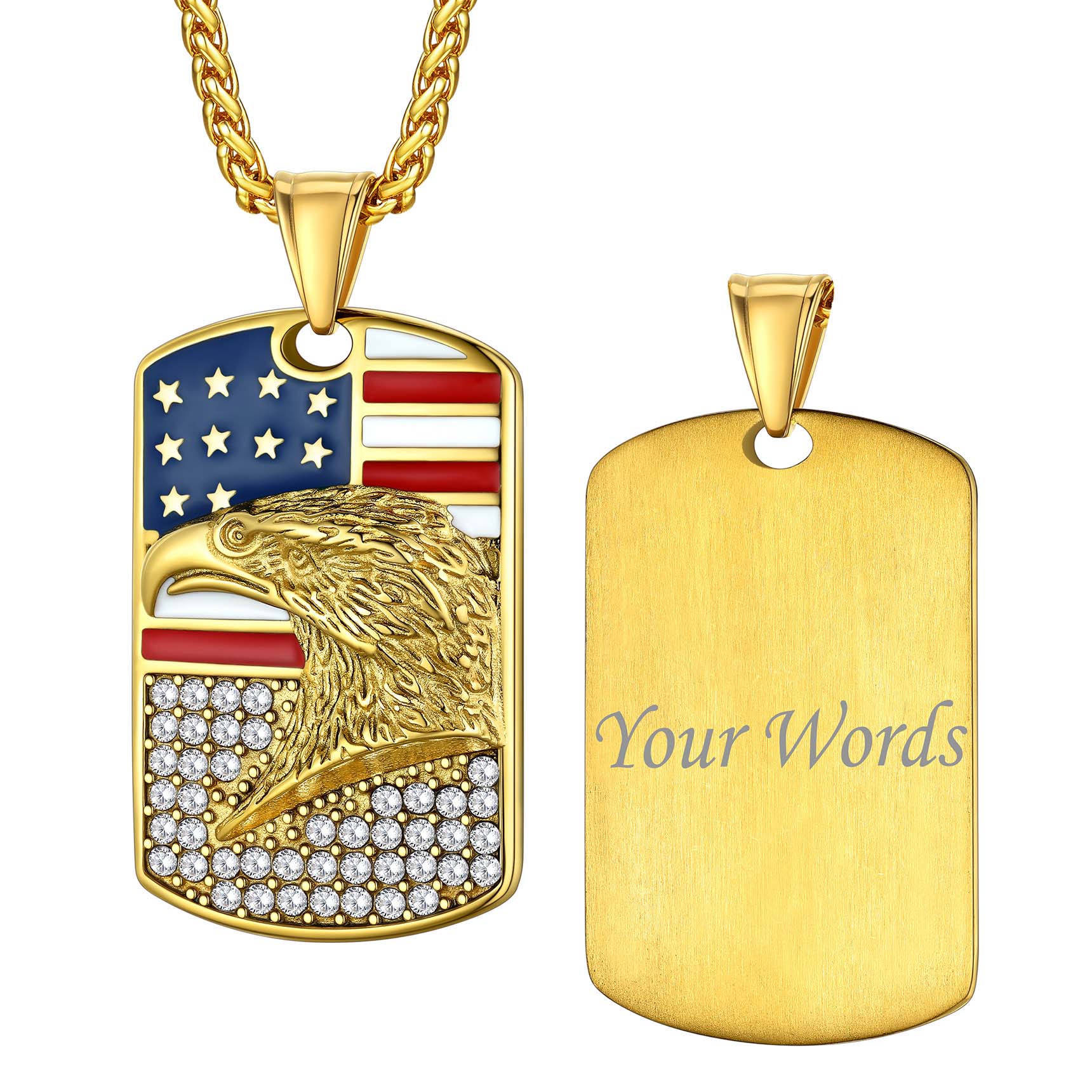 Engraved Zircon American Flag Eagle Pendant Dog Tag for Men