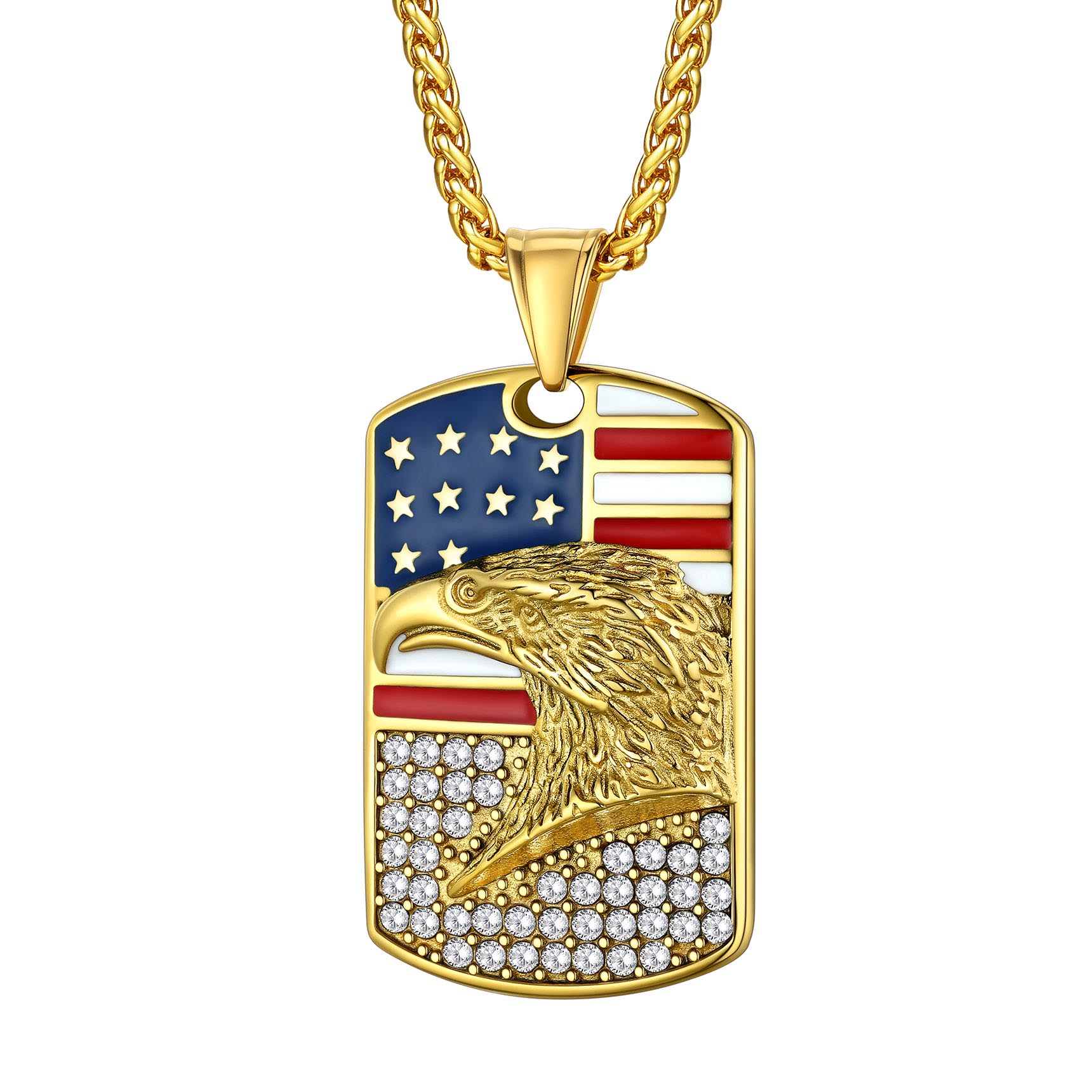 American Flag Eagle Pendant Dog Tag for Men, Stainless Steel Necklace/ 3mm Chain