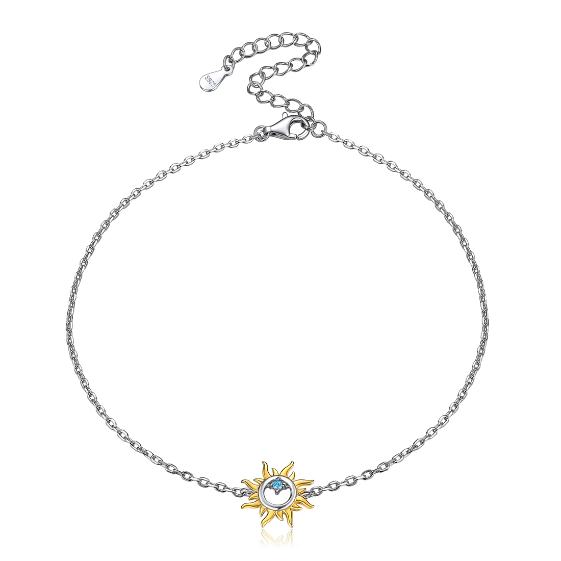 Flat lay of a complete S925 sterling silver adjustable sun anklet with lobster clasp, white background